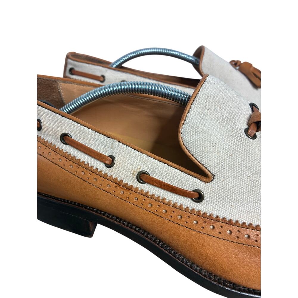 Paul Frederick Men's Size 9M Two Tone Leather Canvas Italian Tasseled Loafer - Picture 3 of 14